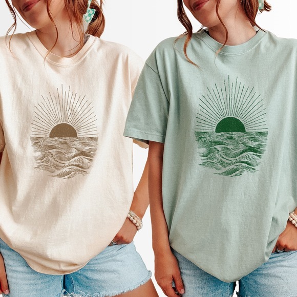 Comfort Colors Tops - Sunset Ocean Waves Graphic Tee Vintage Engraving Style